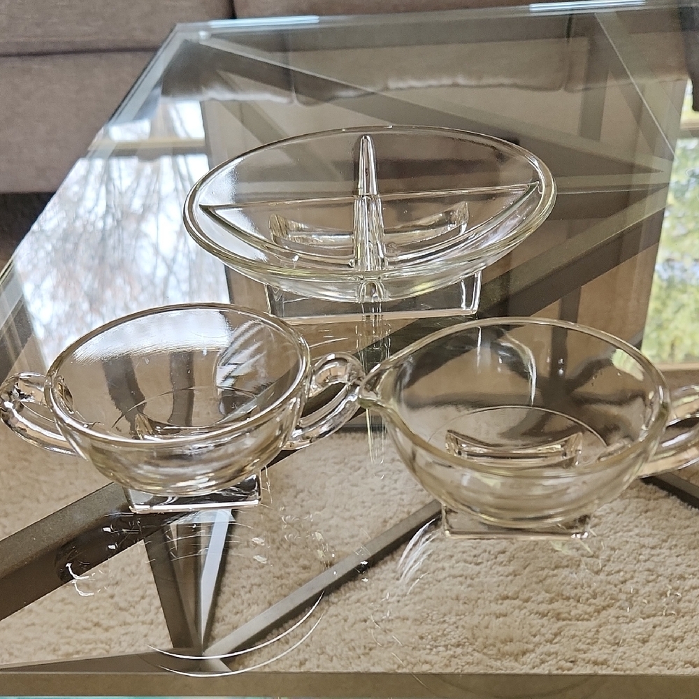 MCM Clear Glass Sugar, Creamer And Candy/Nut Set